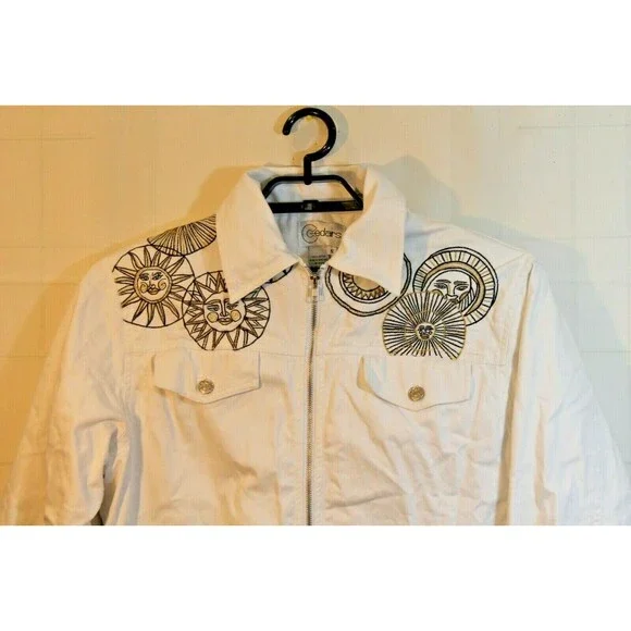 Cedars Jean Jacket Vintage White Denim Lined Starburst Metalic Gold Womens Sz S - Picture 4 of 8